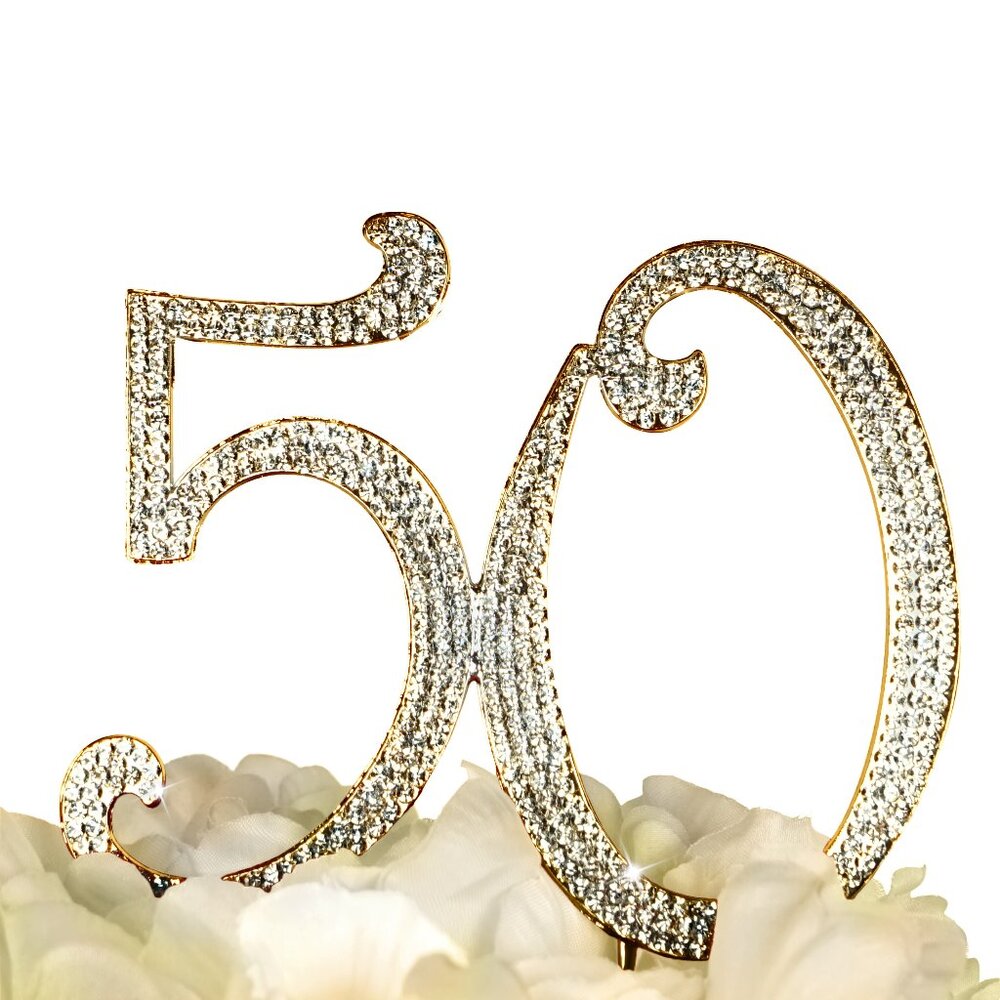 Rhinestone Cake Topper - Number 50 - Gold Metal with Czech Rhinestones